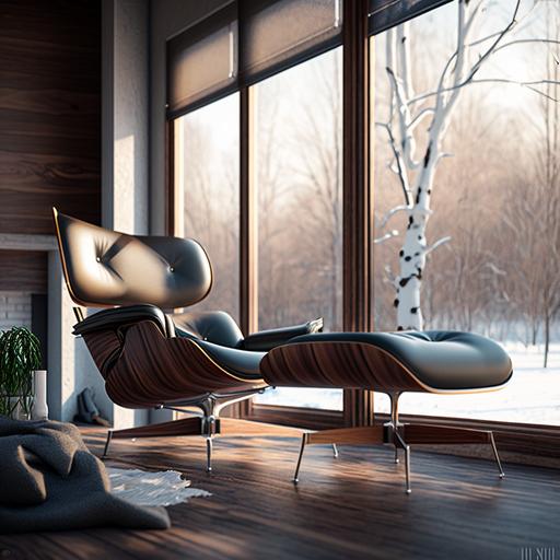 minimalist environment with a mid century modern chaise lounge chair made of walnut, chrome, and mid century modern fabric, modern, detailed, hyper-realistic, beautiful, Marcel Bruer, Unreal Engine 5 --s 750