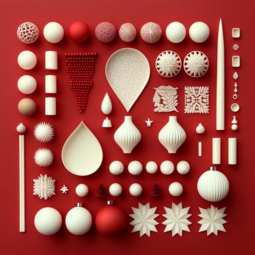 minimalist knolling red and white christmas ornaments, very clean, great idea --v 4