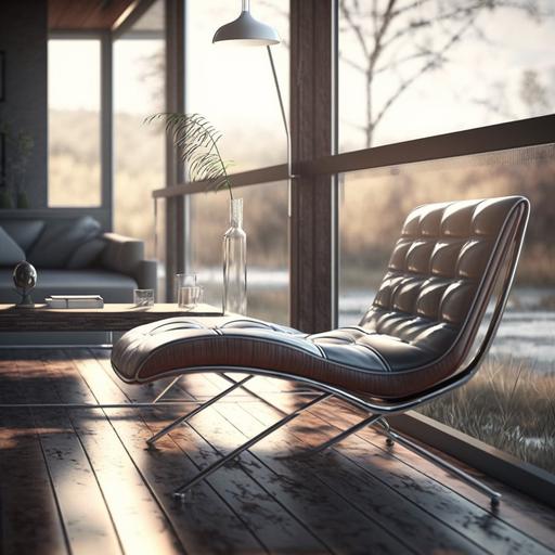 minimalist mid century modern glass and steel environment with a mid century modern chaise lounge chair made of walnut, chrome, and mid century modern fabric, modern, detailed, hyper-realistic, beautiful, Marcel Bruer, Unreal Engine 5 --s 750