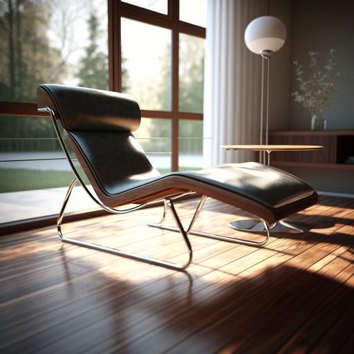 minimalist mid century modern glass and steel environment with a mid century modern chaise lounge chair made of walnut, chrome, and mid century modern fabric, modern, detailed, hyper-realistic, beautiful, Marcel Bruer, Unreal Engine 5 --s 750