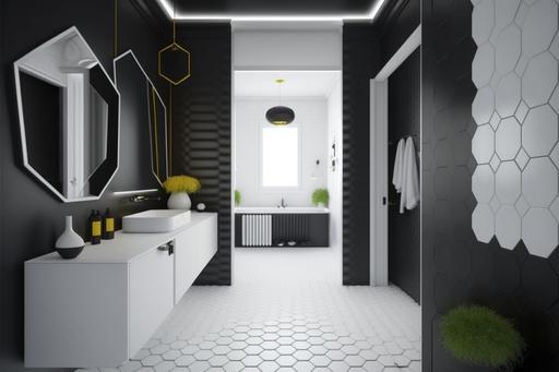minimalist, modern bathroom with black and white hexagonal floor tiles --ar 3:2 --s 750