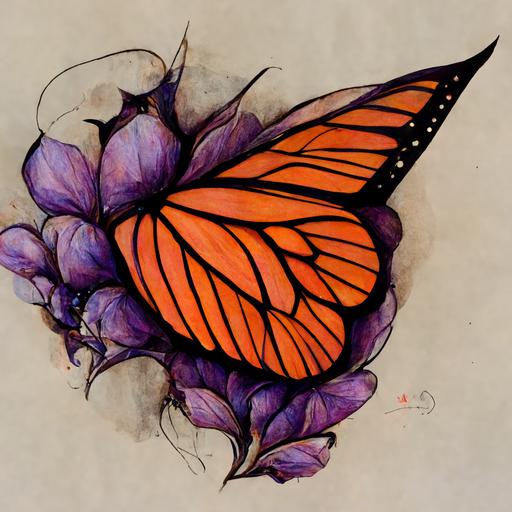 minimalist, monarch butterfly and purple milkweed tattoo, line art, shading, deep warm colors, tattoo art, ink art, high detail --uplight