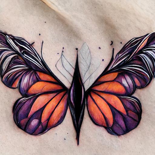 minimalist, monarch butterfly and purple milkweed tattoo, line art, shading, deep warm colors, tattoo art, ink art, high detail --uplight