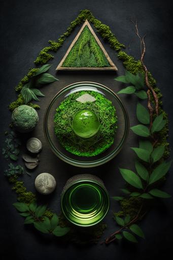 minimalist photo green still life   forest spirit   circle and triangle geometry   green glass and moss on the table, fine art photography, high detail, 85mm, f/8, high sharpness, ultra-detailed photography, cool shades of green --v 4 --q 4 --s 800 --ar 2:3