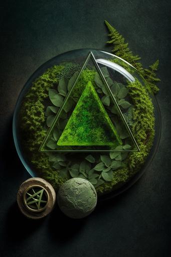 minimalist photo green still life   forest spirit   circle and triangle geometry   green glass and moss, fine art photography, high detail, 85mm, f/8, high sharpness, ultra-detailed photography, cool shades of green --v 4 --q 4 --s 800 --ar 2:3