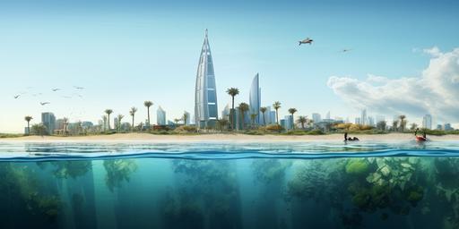minimalist photorealist national geographic style poster of the Bahrain World Trade Center on the seaside, double exposure with sea, pearl fishing, palm trees, and DNA structure. Only photorealistic Bahrain modern and photorealistic historical landmarks. hyper-realistic --ar 2:1