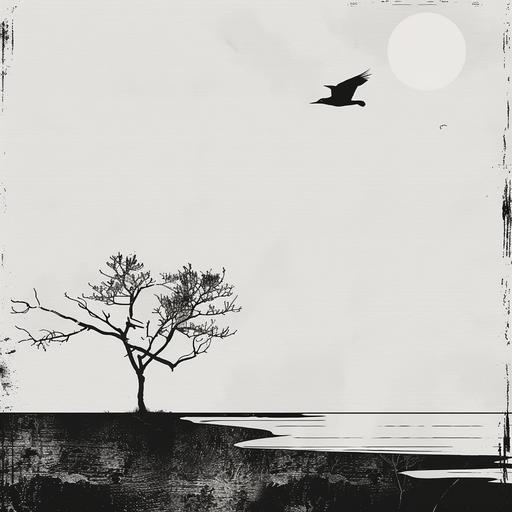 minimalist rendering of digital line drawing black and white a mangrove patter on an expansive plane a solitary bird in the sky