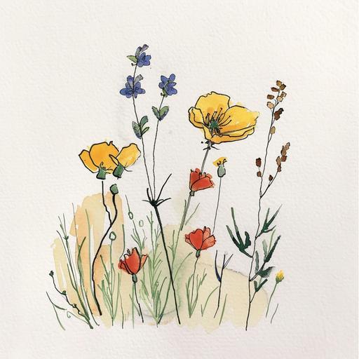 minimalist single line sketch, Illinois native wildflowers, Chicago, watercolor fill --v 6.0