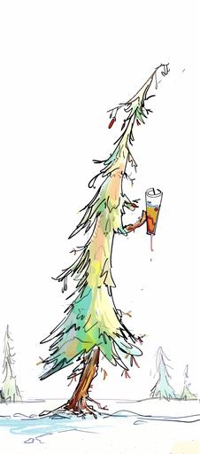 minimalist single line sketch; animation tweening, onionskinning, overlaid keyframes, showing the tallest spruce drinking and dancing in action; in colored pencil and art marker --no split tych pen pencil marker brush --ar 11:25