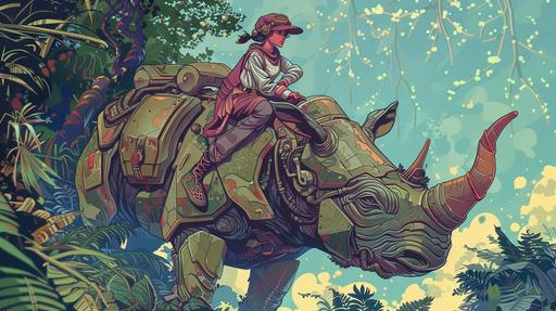 minimalist single line sketch, hexagonal shapes, In a vibrant frame inspired by Enki Bilal, a girl rides a mechanical rhinoceros through steampunk-infused mangrove --ar 16:9