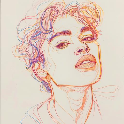 minimalist single line sketch in rainbow pencil of a beautiful man with perfect lips, a soft expression and feminine features