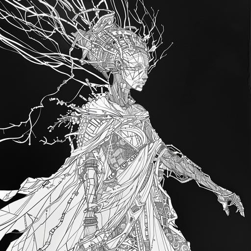 minimalist single line sketch of a Goddess of United States of America Summons an ancient lightningbender, By Giger and Junji Ito, Kintsugi Lace, complex design, Intricate details --v 6.0 --no gold