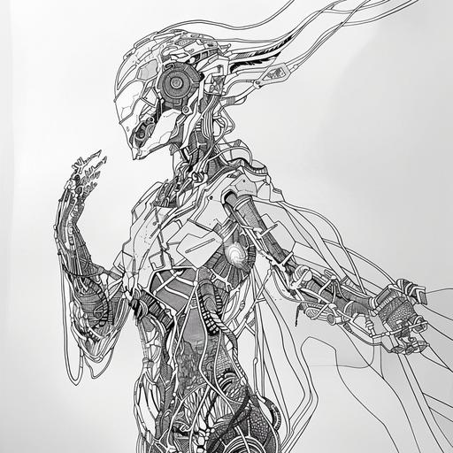 minimalist single line sketch of a Robot of United States of America Summons an ancient lightningbender, By Giger and Junji Ito, Kintsugi Lace, complex design, Intricate details --v 6.0 --no gold