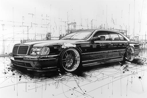 *minimalist single line sketch* of a beautiful, glossy-black, 2003 Mercury Grand Marquis LE, with custom wheel covers. --ar 3:2 --s 950 --v 6.0