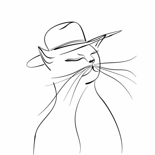 minimalist single line sketch of a cat wearing a hat, cute
