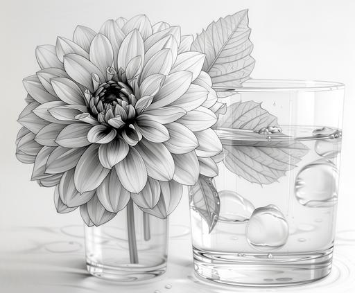 minimalist single line sketch of a dahlia flower in a glass of water, in the style of hyper-realistic still life, graphic design-inspired illustrations, precisionist art, editorial illustrations, detailed pen strokes, white and gray --ar 23:19 --s 750 --v 6.0 --style raw --c 2