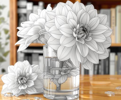 minimalist single line sketch of a dahlia flower in a glass of water, in the style of hyper-realistic still life, graphic design-inspired illustrations, precisionist art, editorial illustrations, detailed pen strokes, white and gray --ar 23:19 --s 750 --v 6.0 --style raw --c 2