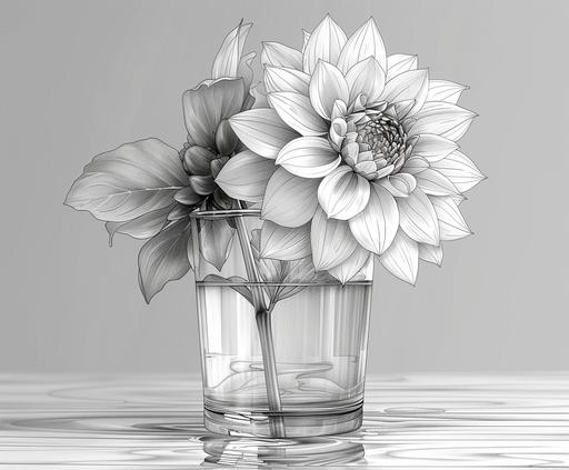 minimalist single line sketch of a dahlia flower in a glass of water, in the style of hyper-realistic still life, graphic design-inspired illustrations, precisionist art, editorial illustrations, detailed pen strokes, white and gray --ar 23:19 --s 750 --v 6.0 --style raw --c 2