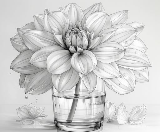 minimalist single line sketch of a dahlia flower in a glass of water, in the style of hyper-realistic still life, graphic design-inspired illustrations, precisionist art, editorial illustrations, detailed pen strokes, white and gray --ar 23:19 --s 750 --v 6.0 --style raw --c 2