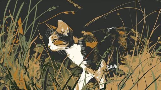 minimalist single line sketch, pov below a cat sauntering through overgrown grass and weeds, the cat has a white underbelly and a calico pattern. The grass curving above is glowing from the sun rays passing through --ar 16:9