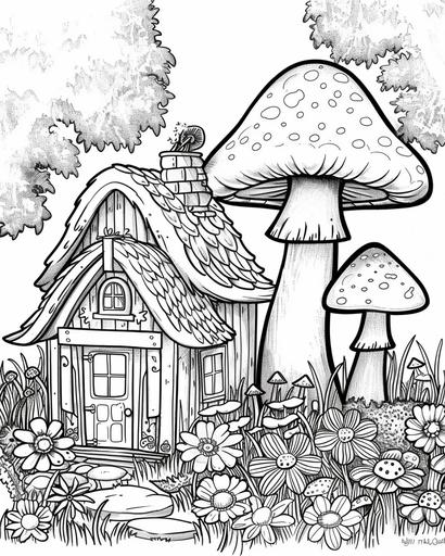 minimalist single line sketch, witch's cabin in the woods, giant mushrooms, flower garden, coloring book page --ar 4:5
