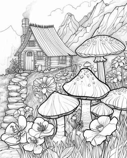 minimalist single line sketch, witch's cabin in the woods, giant mushrooms, flower garden, coloring book page --ar 4:5