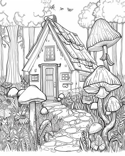 minimalist single line sketch, witch's cabin in the woods, giant mushrooms, flower garden, coloring book page --ar 4:5