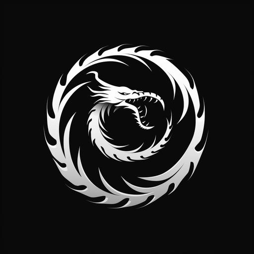 minimalist tribal tattoo logo, no shading , seperent ouroboros in dragon form tail in mouth, solid white on black background,, fully seperated segmented body