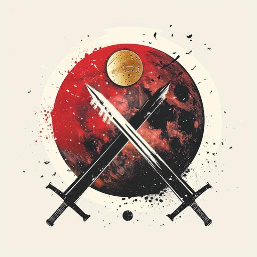 minimalist vector art, roman art, black gold and white crossed swords piercing a red planet, white background