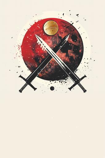 minimalist vector art, roman art, black gold and white crossed swords piercing a red planet, white background --ar 2:3