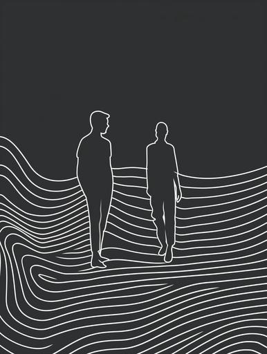 minimalist white line ar of two people illustration on dark background. --ar 3:4 --stylize 50 --v 6.0