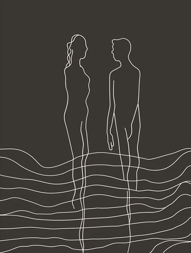 minimalist white line ar of two people illustration on dark background. --ar 3:4 --stylize 50 --v 6.0