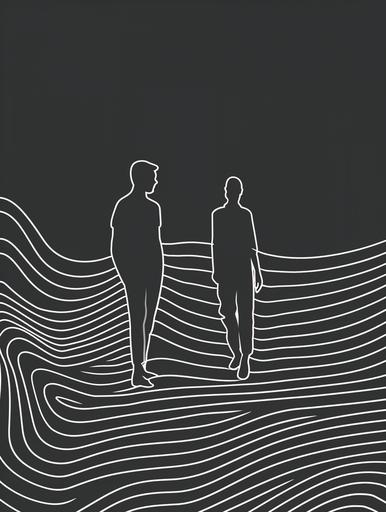 minimalist white line ar of two people illustration on dark background. --ar 3:4 --stylize 50 --v 6.0