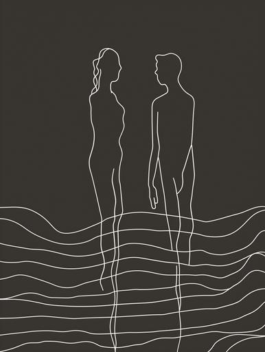 minimalist white line ar of two people illustration on dark background. --ar 3:4 --stylize 50 --v 6.0