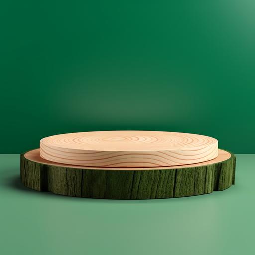 minimalist wood slice podium of green background for product presentation, high definition ar 16:9