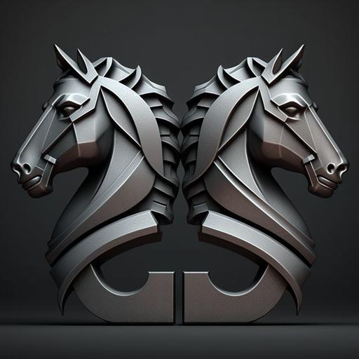 minimalistic 2D flat logo, two trojan horse head's on omega greek symbol, facing front, metalic like, bi-chromatic grey background, upper lighting, 4k --v 4
