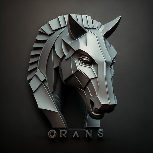 minimalistic 2D flat logo, two trojan horse head's on omega greek symbol, facing front, metalic like, bi-chromatic grey background, upper lighting, 4k --v 4