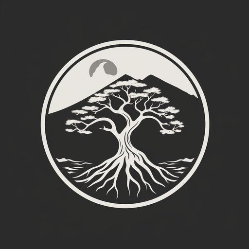 minimalistic Company Logo, Simple, Black and White, Circular Logo, Tree of life, Japanese style, Mature, Majestic Tree. Lots of Branches, Oregon Oak, Pacific Northwest, Inspiring, Hippy, Nordic, Sun in background, Mountains and Sea. Yin Yang Inspire and flow. simple lines, simple colors
