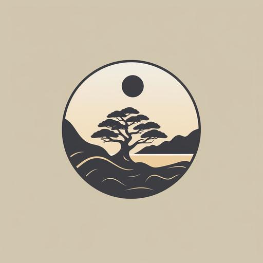 minimalistic Company Logo, Simple, Black and White, Circular Logo, Tree of life, Japanese style, Mature, Majestic Tree. Lots of Branches, Oregon Oak, Pacific Northwest, Inspiring, Hippy, Nordic, Sun in background, Mountains and Sea. Yin Yang Inspire and flow. simple lines, simple colors