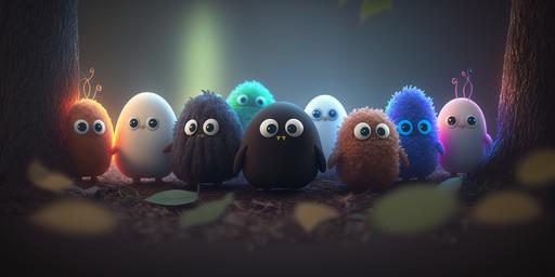 minimalistic figure of a set of nine tiny tiny cute creatures with beautiful eyes in a foggy forest, minimalism, fog, neon colors, highly detailed, unreal engine, 4k, --ar 2:1