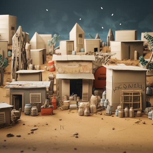 minimalistic mock-up of an African village made of garbage cans, milk cartons, cardboard boxes, plastic bottles