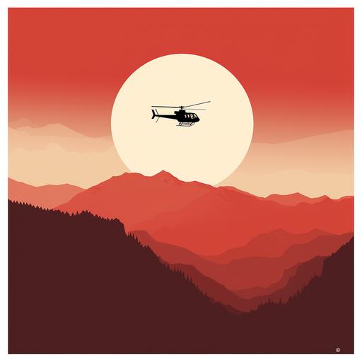 minimalistic poster with a red helicopter over mountains from above. Grafic design 2d. simple. centred