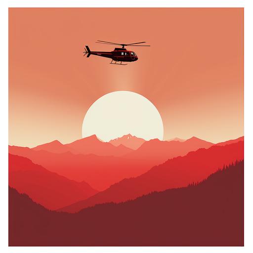 minimalistic poster with a red helicopter over mountains from above. Grafic design 2d. simple. centred