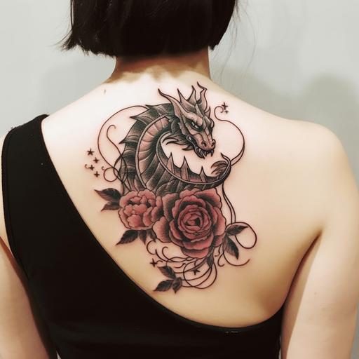 minimalistic sweet dragon tattoo with a few flowers --q 2