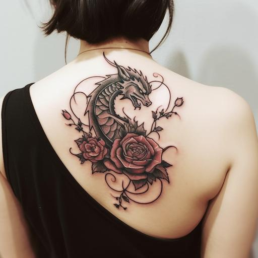 minimalistic sweet dragon tattoo with a few flowers --q 2
