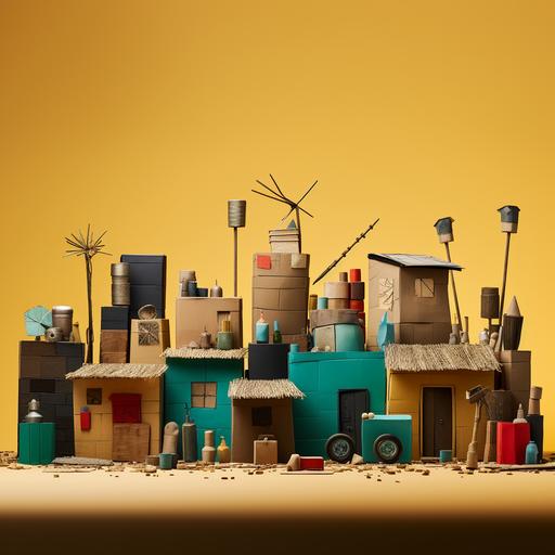 minimalistic unprofessional mock-up of an African village made of garbage containers, milk cartons, cardboard boxes, plastic bottles painted gold