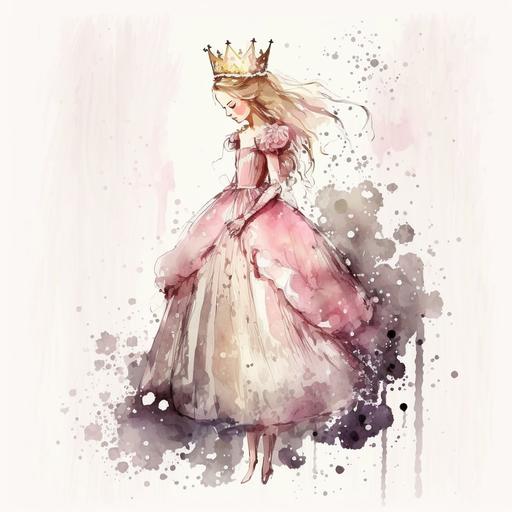 minimalistic watercolor fairtale princess with tiara, wand and poofy dress and high heels on white background