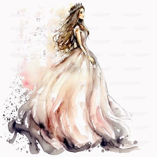 minimalistic watercolor fairytale princess with long hair, tiara, wand, poofy dress and high heels on white background