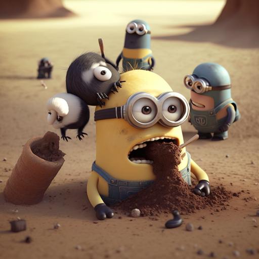minios digging up a hole from which the dirt piles on to another minon eating a banana sitting on gru's head