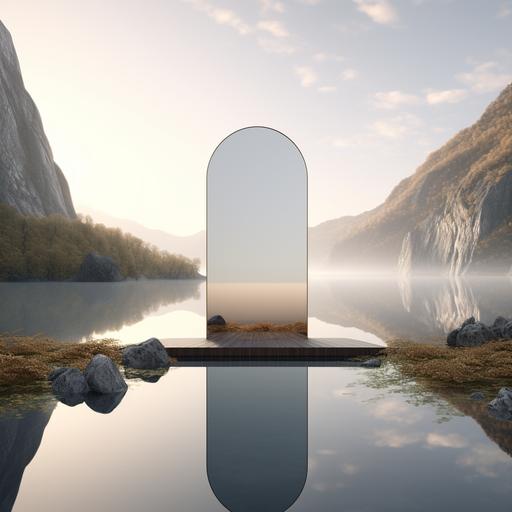 mirror in nature, high resolution, against the background of a scandinavian lake, in the reflection of an animal temple, octane render, photorealistic, beautiful atmosphere, 8k